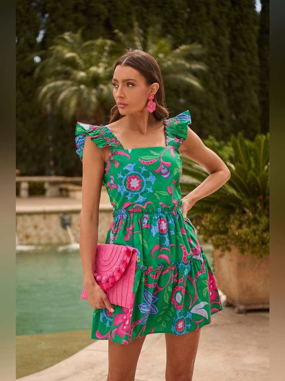 SugarLips Green Floral Ruffle Sleeve Tiered Mini Dress Cotton M NWT Cottagecore